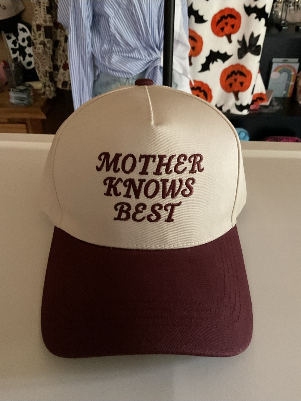 Cream and Burgundy Kids' Trucker Cap - "Mother Knows Best"